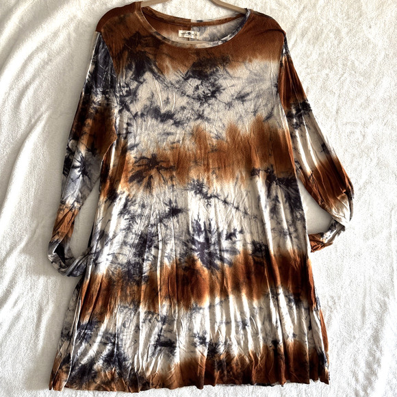 Natural Life Dress Womens XL Brown Tie Dye Long Sleeve Maxi Pockets Boho Rayon - Picture 1 of 10